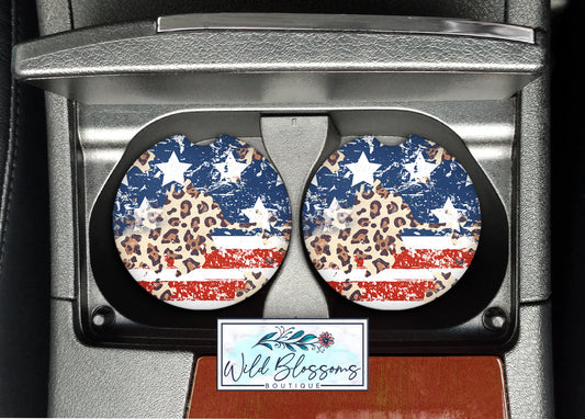 American Flag Leopard Print Car Coasters