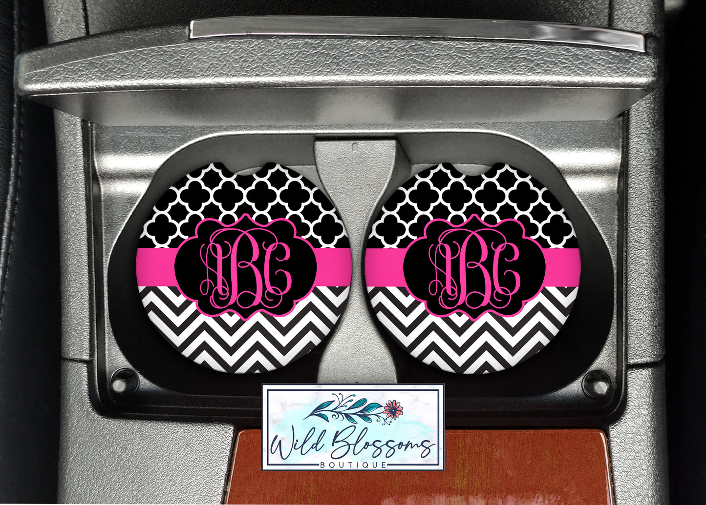 Black And Pink Monogram Car Coasters