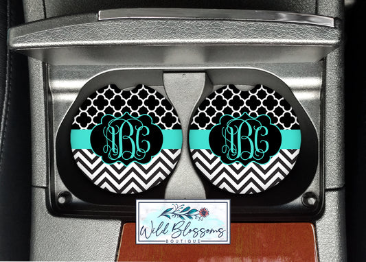 Black And Teal Monogram Car Coasters