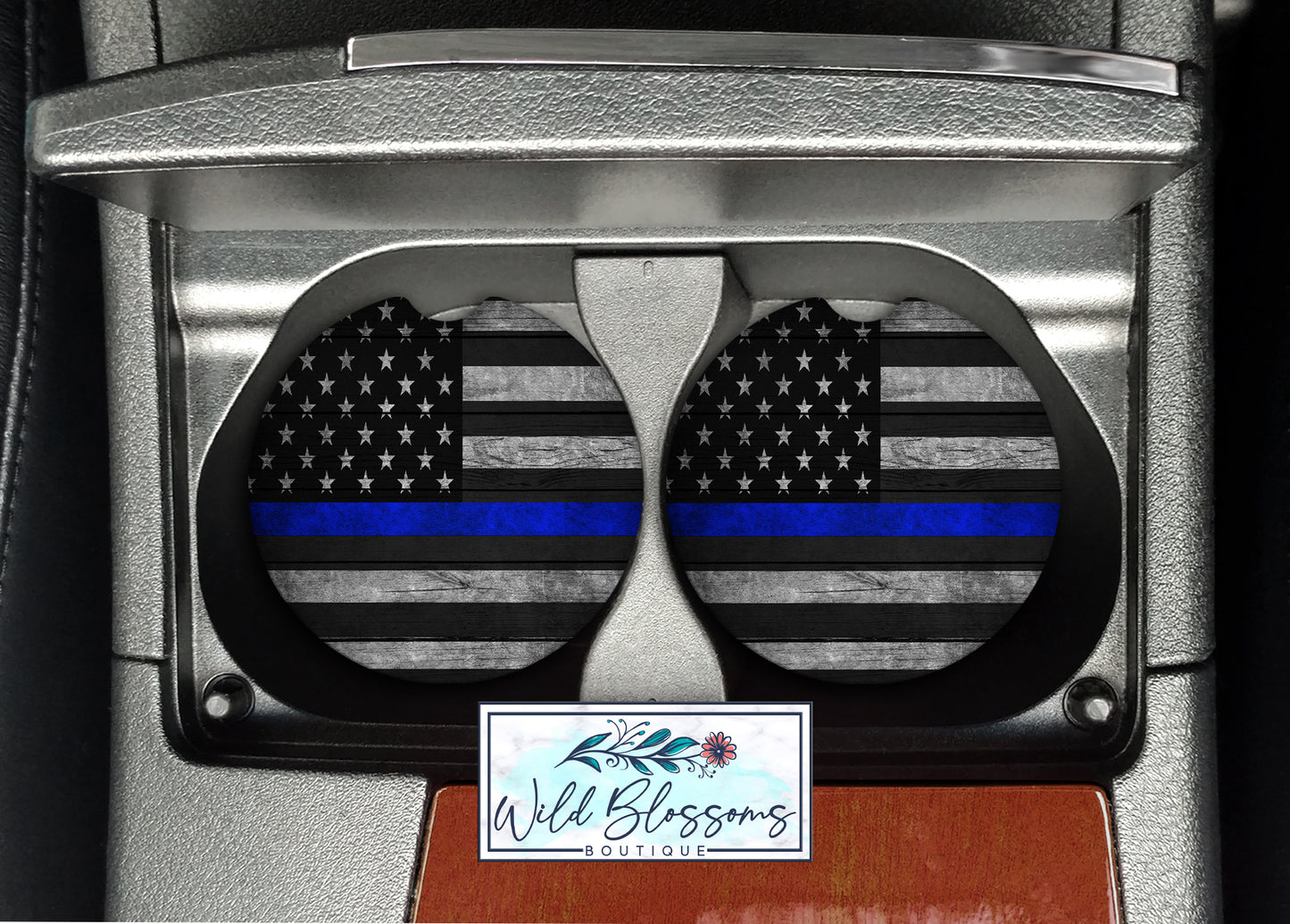 Wooden American Flag Blue Line License Plate