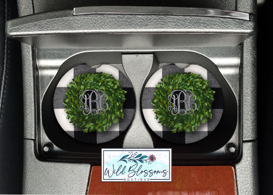 Buffalo Plaid Boxwood Wreath Car Coasters