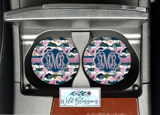 Navy And Mauve Floral Car Coasters