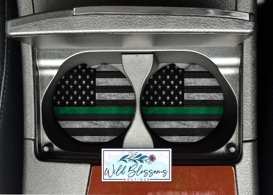 Wooden American Flag Green Line Car Coasters