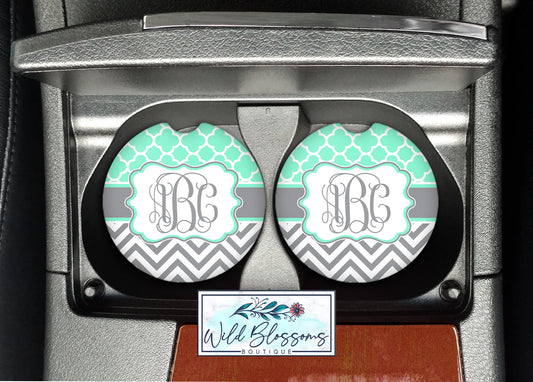 Mint And Grey Monogram Car Coasters