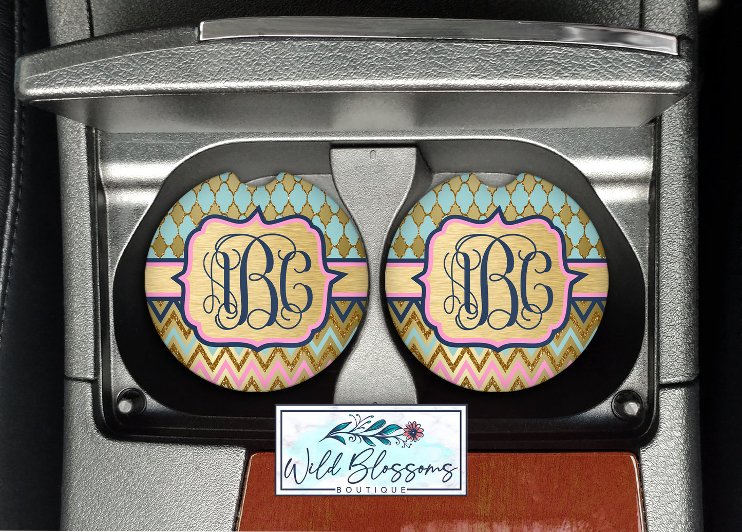 Mint, Pink, Navy And Gold Monogram Car Coasters