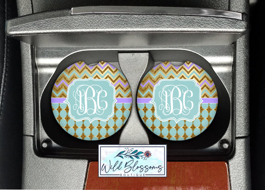 Mint, Purple And Gold Monogram Car Coasters