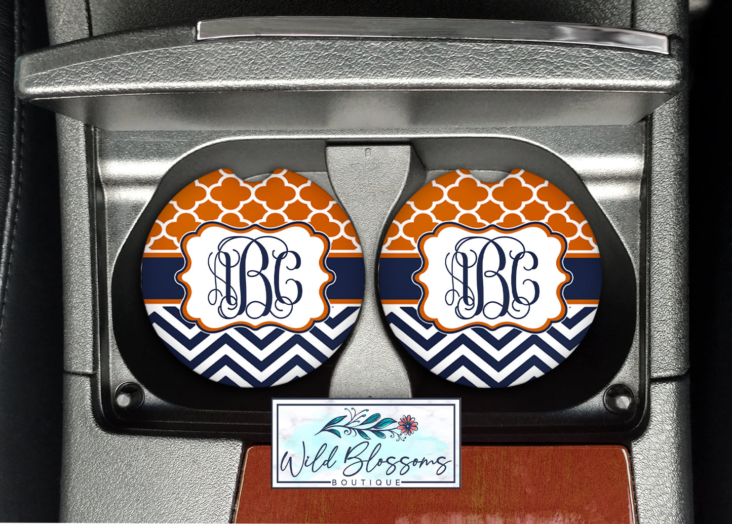 Orange And Navy Monogram Car Coasters