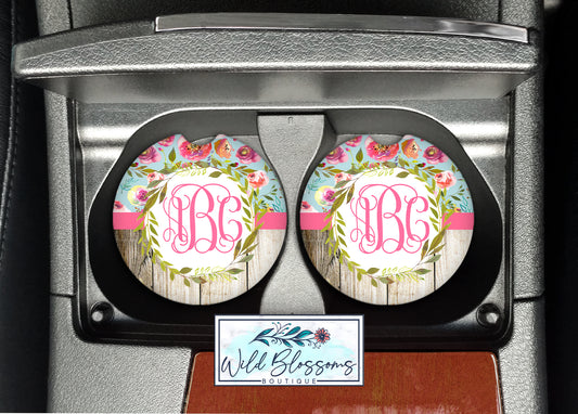 Pink And Wooden Floral Wreath Car Coasters