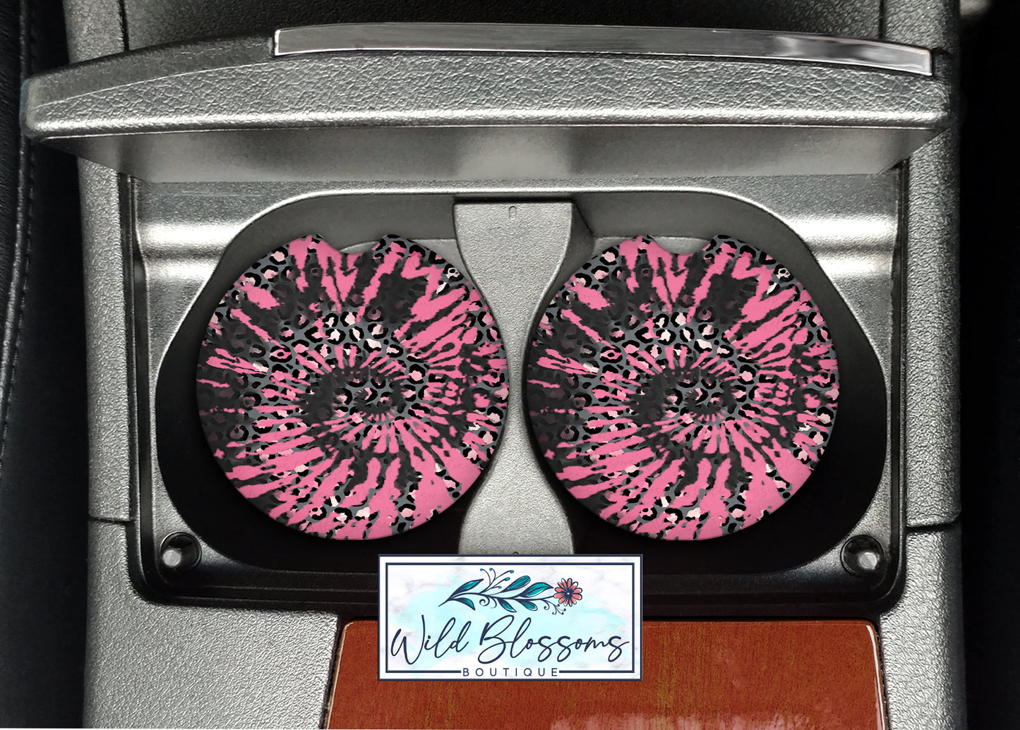 Pink And Black Leopard Print Tie Dye Car Coasters