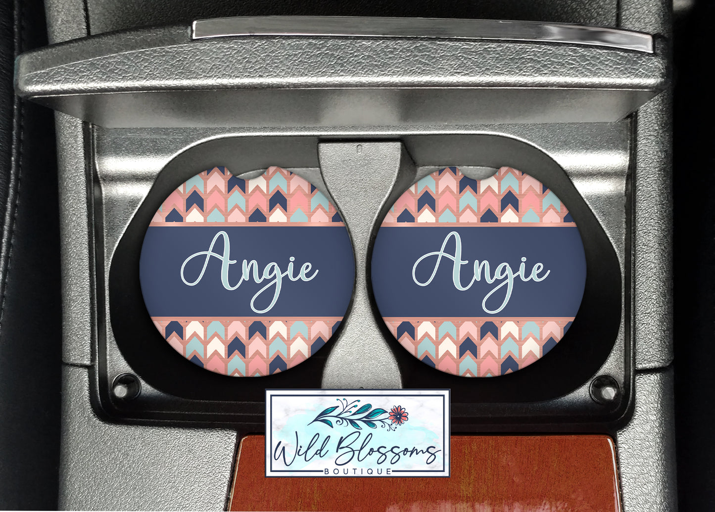 Rose Gold, Mint And Navy Chevron Car Coasters