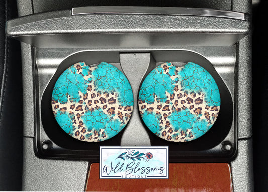 Turquoise Leopard Print Car Coasters