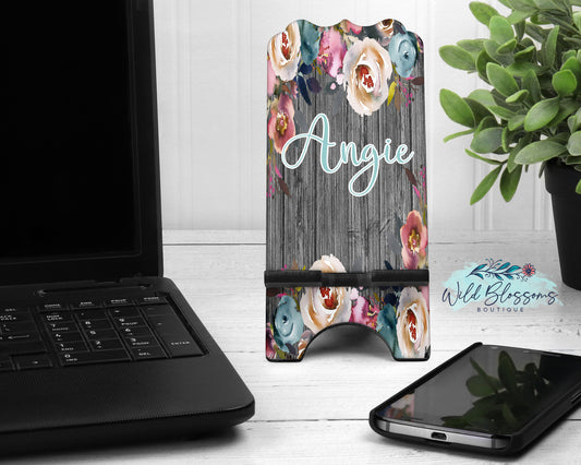 Wooden Indigo And Pink Floral Phone Stand