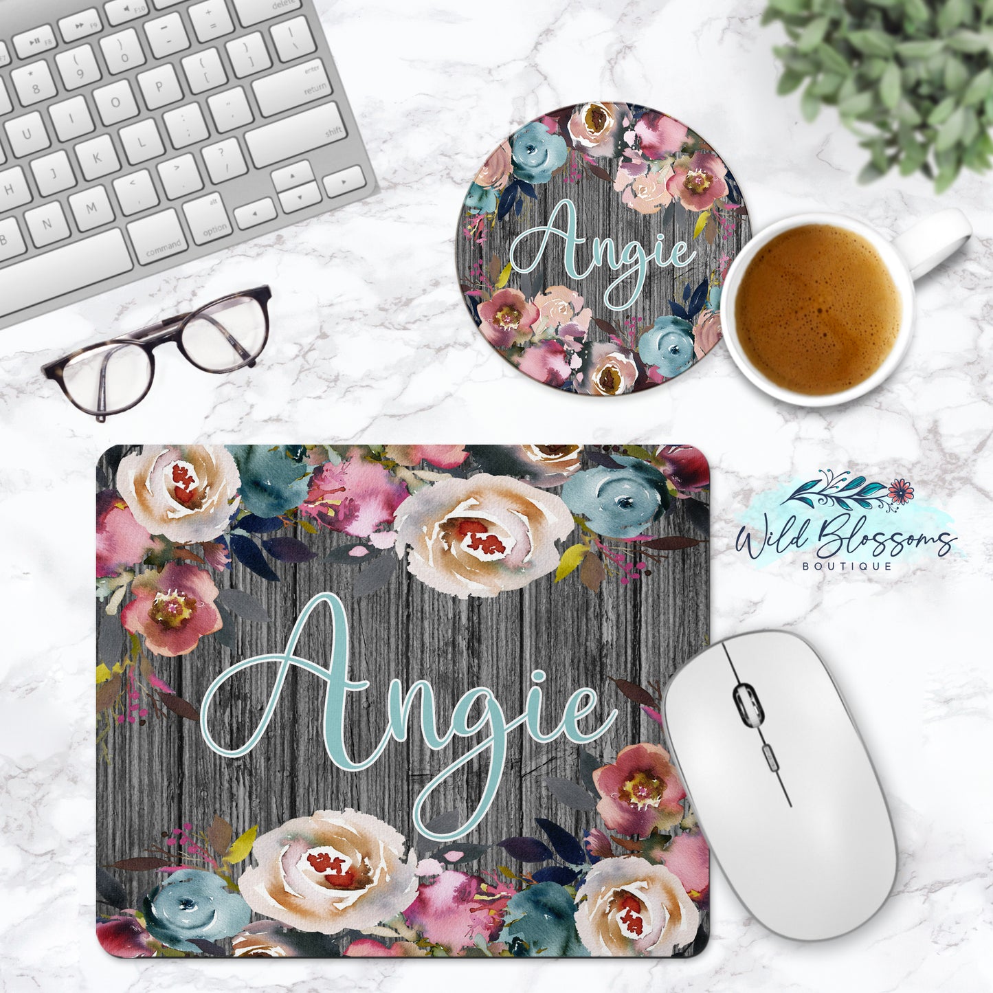 Wooden Indigo And Pink Floral Personalized Mouse Pad And Coaster Desk Set