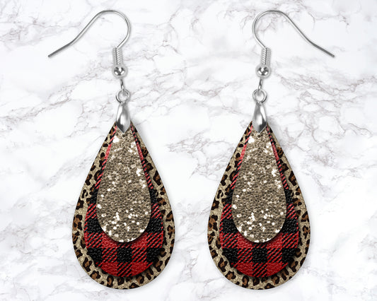 Leopard Print, Gold Glitter and Buffalo Plaid Leather Look Drop Earrings