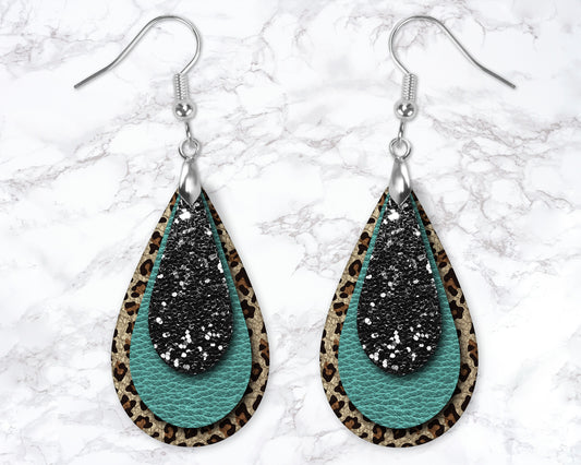 Leopard Print, Black Glitter and Teal Leather Look Drop Earrings