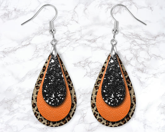 Leopard Print, Black Glitter and Orange Leather Look Drop Earrings