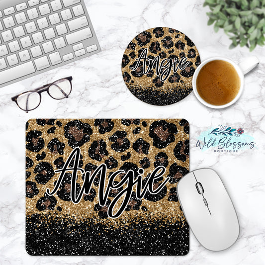 Leopard Print And Black Glitter Look Personalized Mouse Pad And Coaster Desk Set