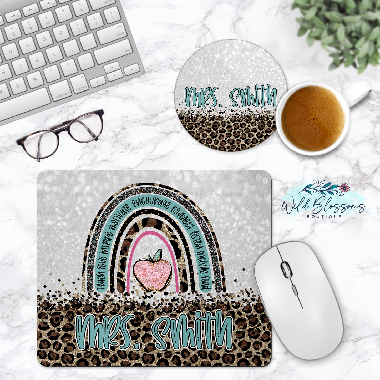 Teach Love Inspire Rainbow Leopard Print Personalized Mouse Pad And Coaster Desk Set