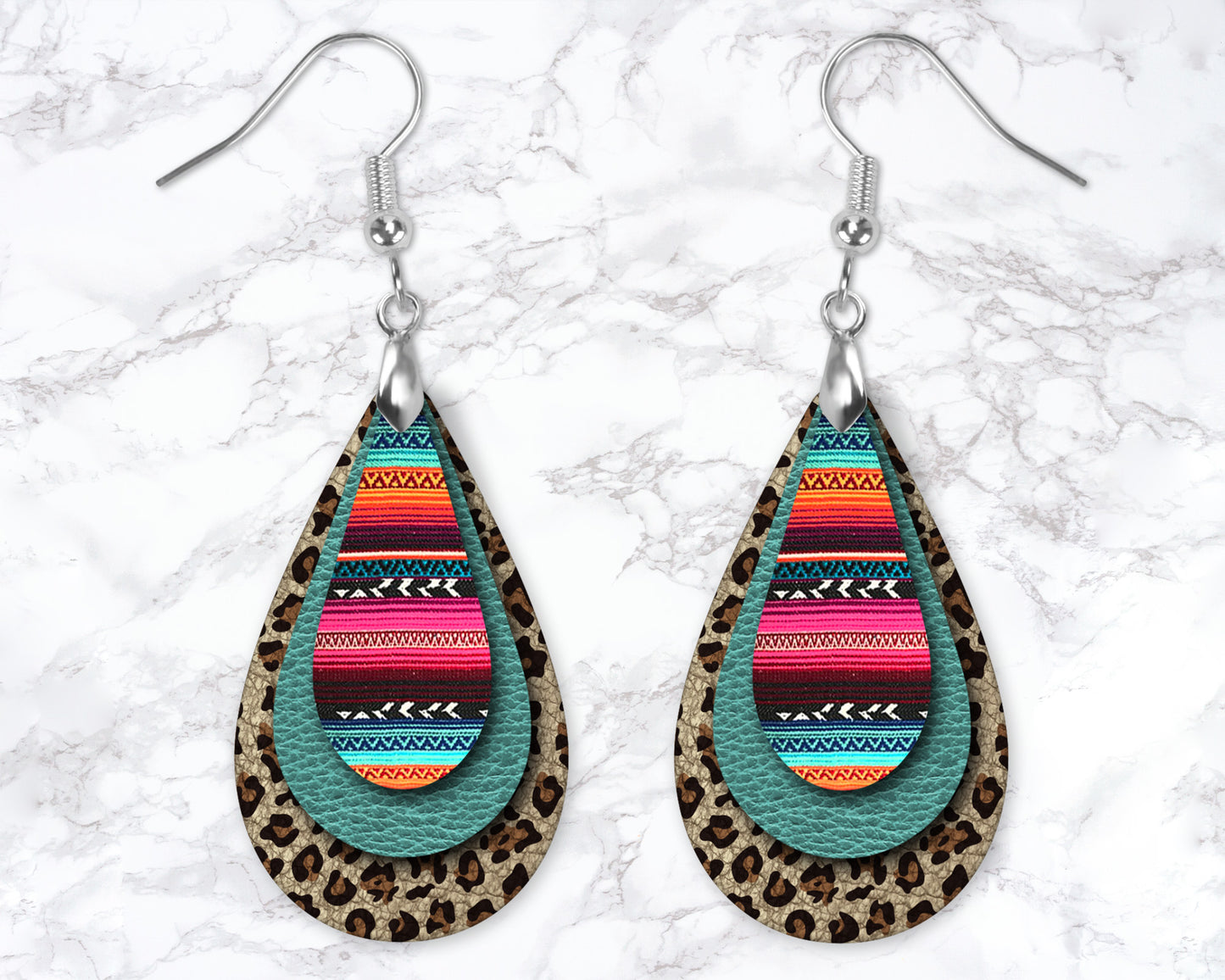 Leopard Print, Serape And Teal Leather Look Drop Earrings