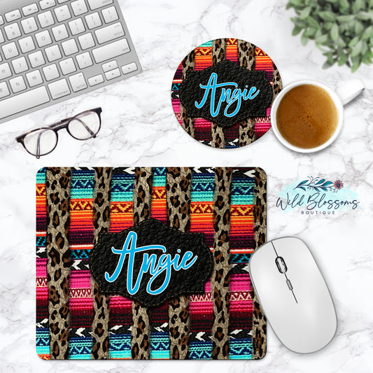 Serape And Leopard Striped Personalized Mouse Pad And Coaster Desk Set