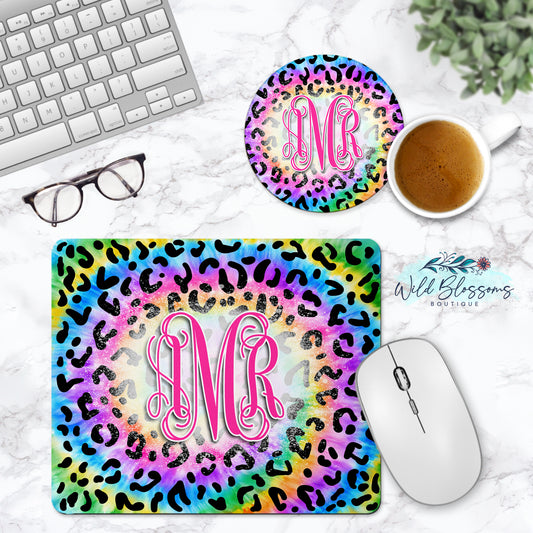 Tie Dye Leopard Print Personalized Mouse Pad And Coaster Desk Set