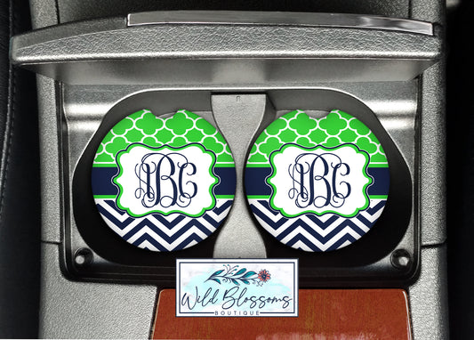 Lime And Navy Monogram Car Coasters