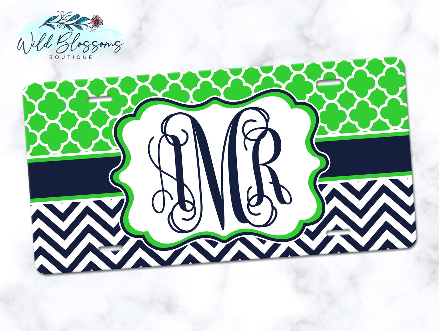 Lime And Navy Monogram License Plate