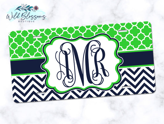 Lime And Navy Monogram License Plate