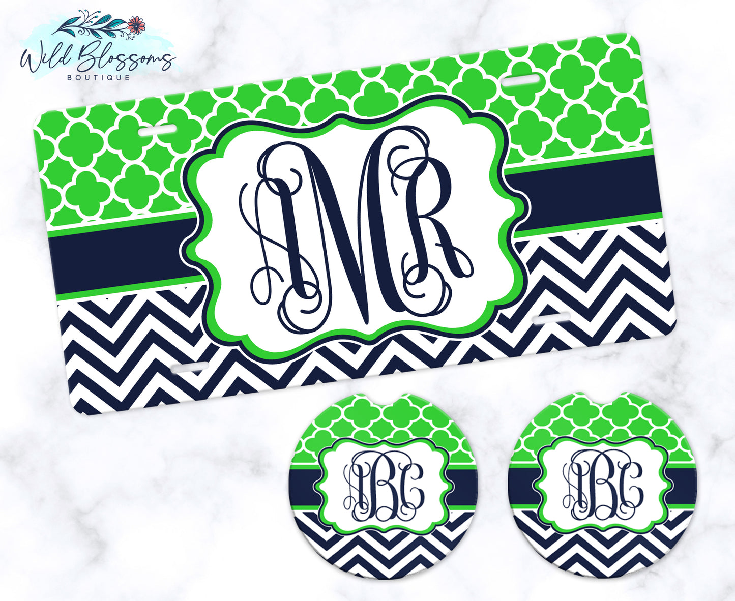Lime And Navy Monogram Car Coasters