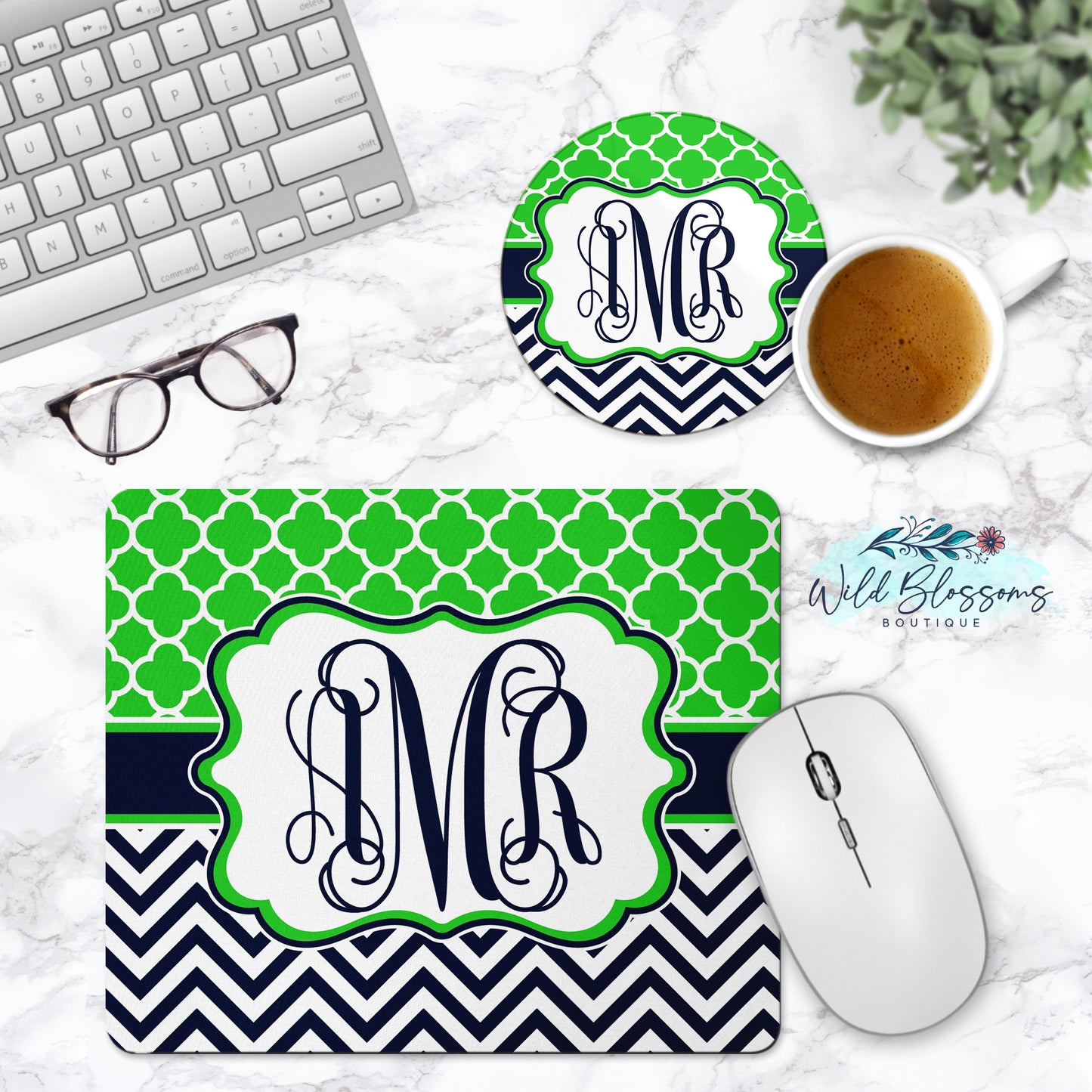 Lime And Navy Monogram Mouse Pad And Coaster Desk Set