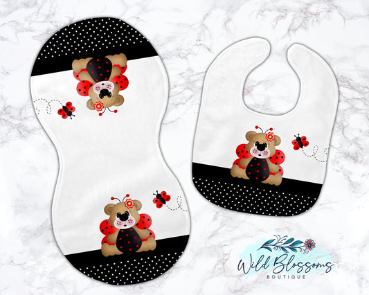 Ladybug Bear Baby Bib And Burp Cloth Set