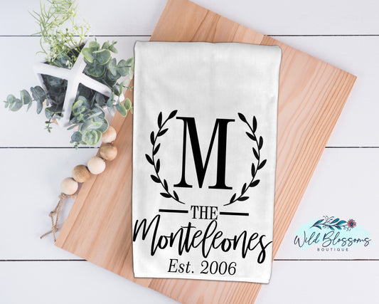 Laurel Wreath Monogram Name Kitchen Towel