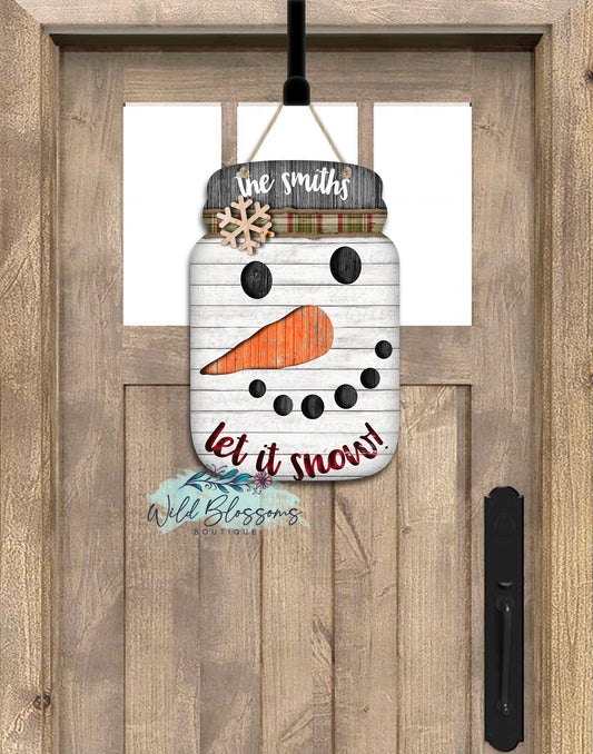 Let It Snow Snowman Mason Jar Door Hanger