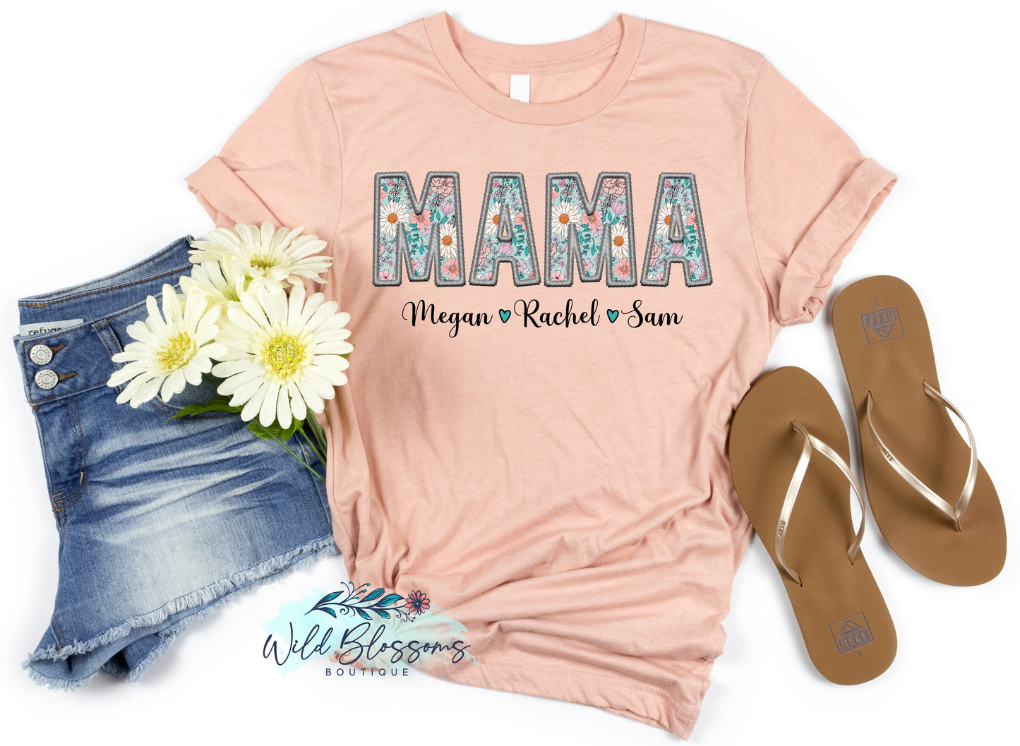 Faux Embroidery Boho Floral Aqua Custom Name Mother's Day Graphic Tee