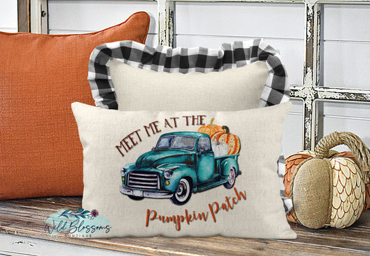 Welcome Family Name Grey Vintage Pumpkin Truck Lumbar Pillow