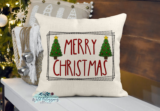 Merry Christmas Family Name Faux Embroidery Applique Pillow