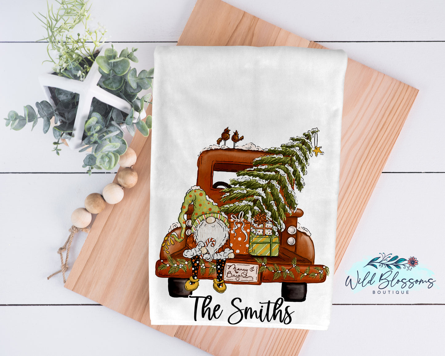 Merry And Bright Gnome Christmas Truck Kitchen Towel