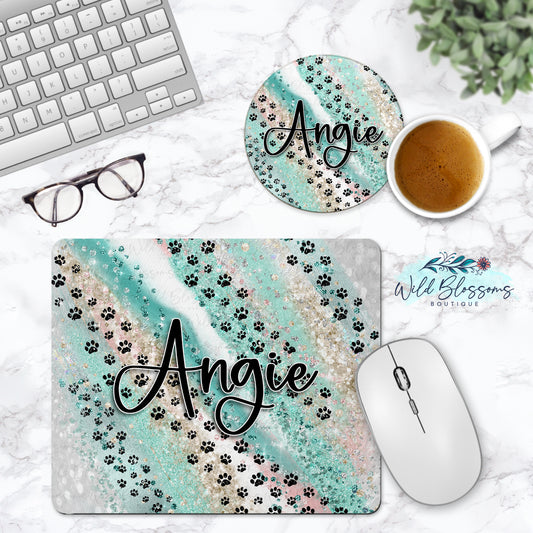 Mint Milky Way Paw Print Personalized Mouse Pad And Coaster Desk Set