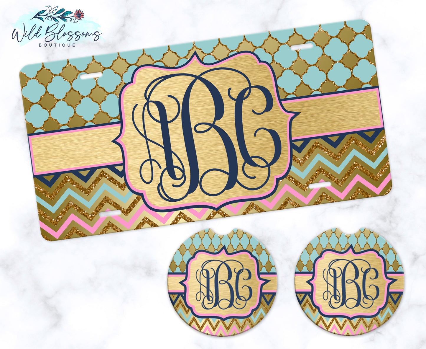 Mint, Pink, Navy And Gold Monogram License Plate