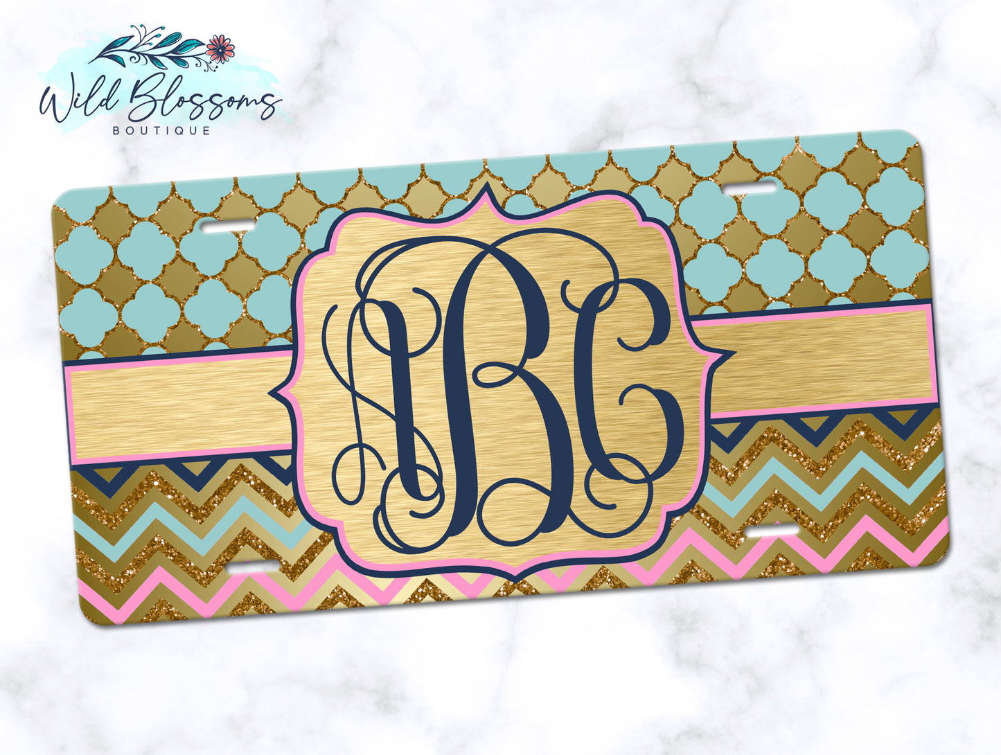 Mint, Pink, Navy And Gold Monogram License Plate