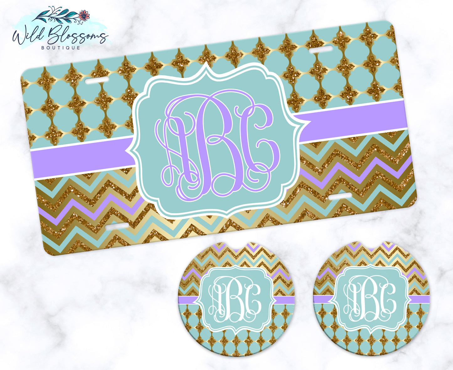 Mint, Purple And Gold Monogram Car Coasters
