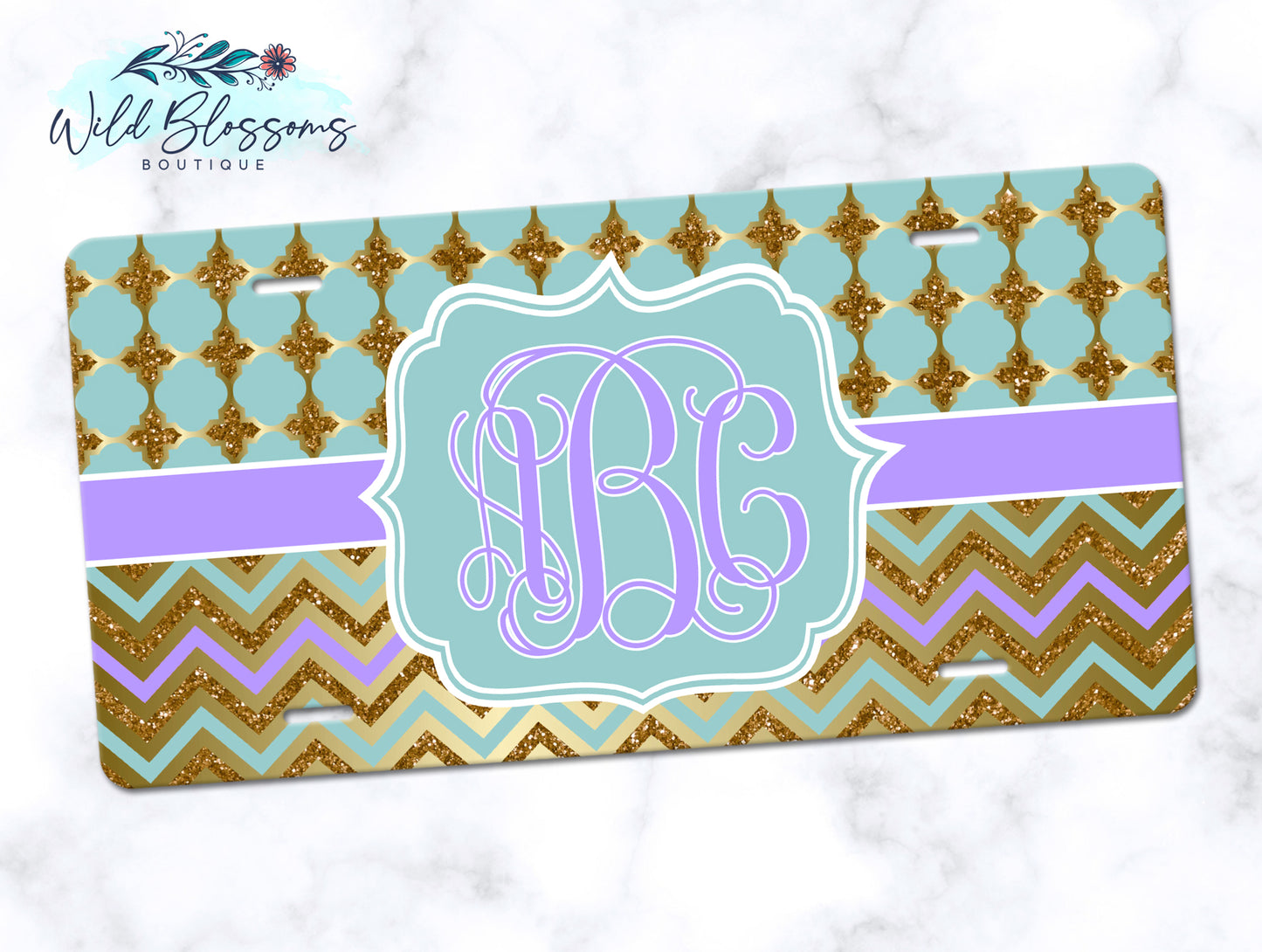 Mint, Purple And Gold Monogram License Plate