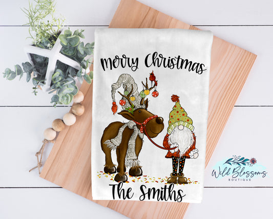 Merry Christmas Reindeer And Gnome Kitchen Towel