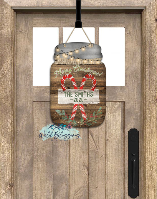 Merry Christmas Candy Cane Mason Jar Door Hanger