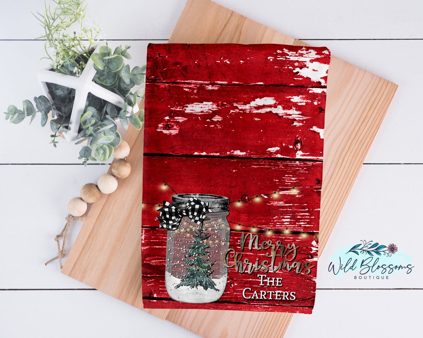 Red Barnwood Mason Jar Christmas Kitchen Towel