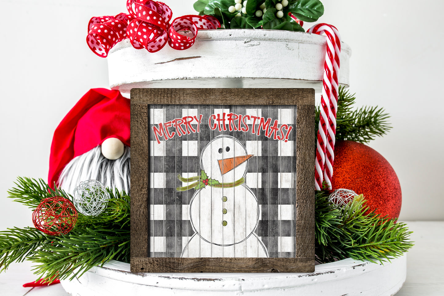 Wooden Painted Snowman Merry Christmas Square Ornament