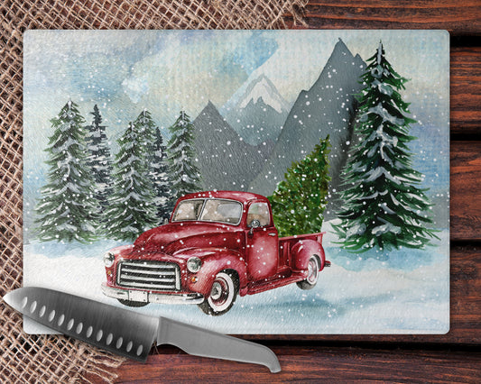 Mountain Vintage Red Truck Glass Cutting Board