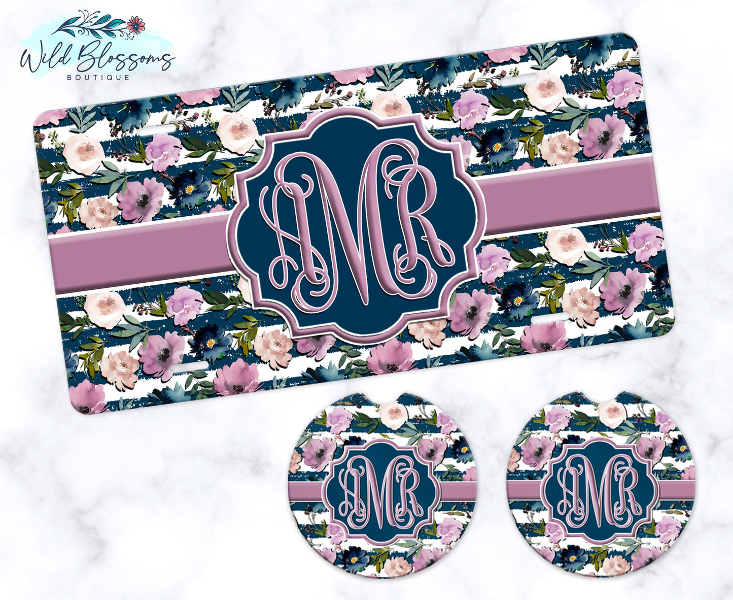 Navy And Mauve Floral Car Coasters