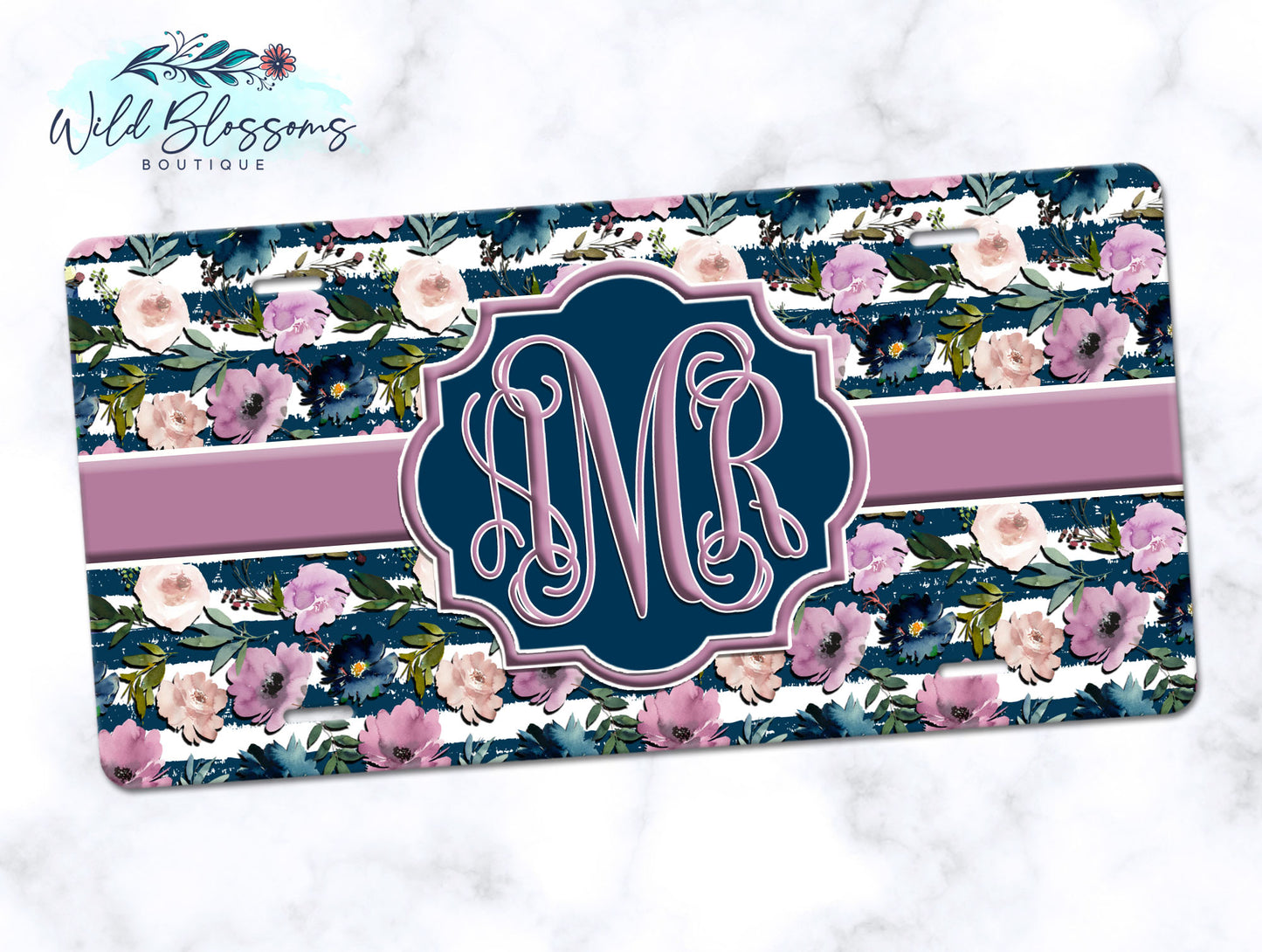 Navy And Mauve Floral License Plate