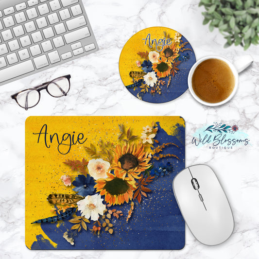 Navy And Yellow Sunflower Floral Personalized Mouse Pad And Desk Set